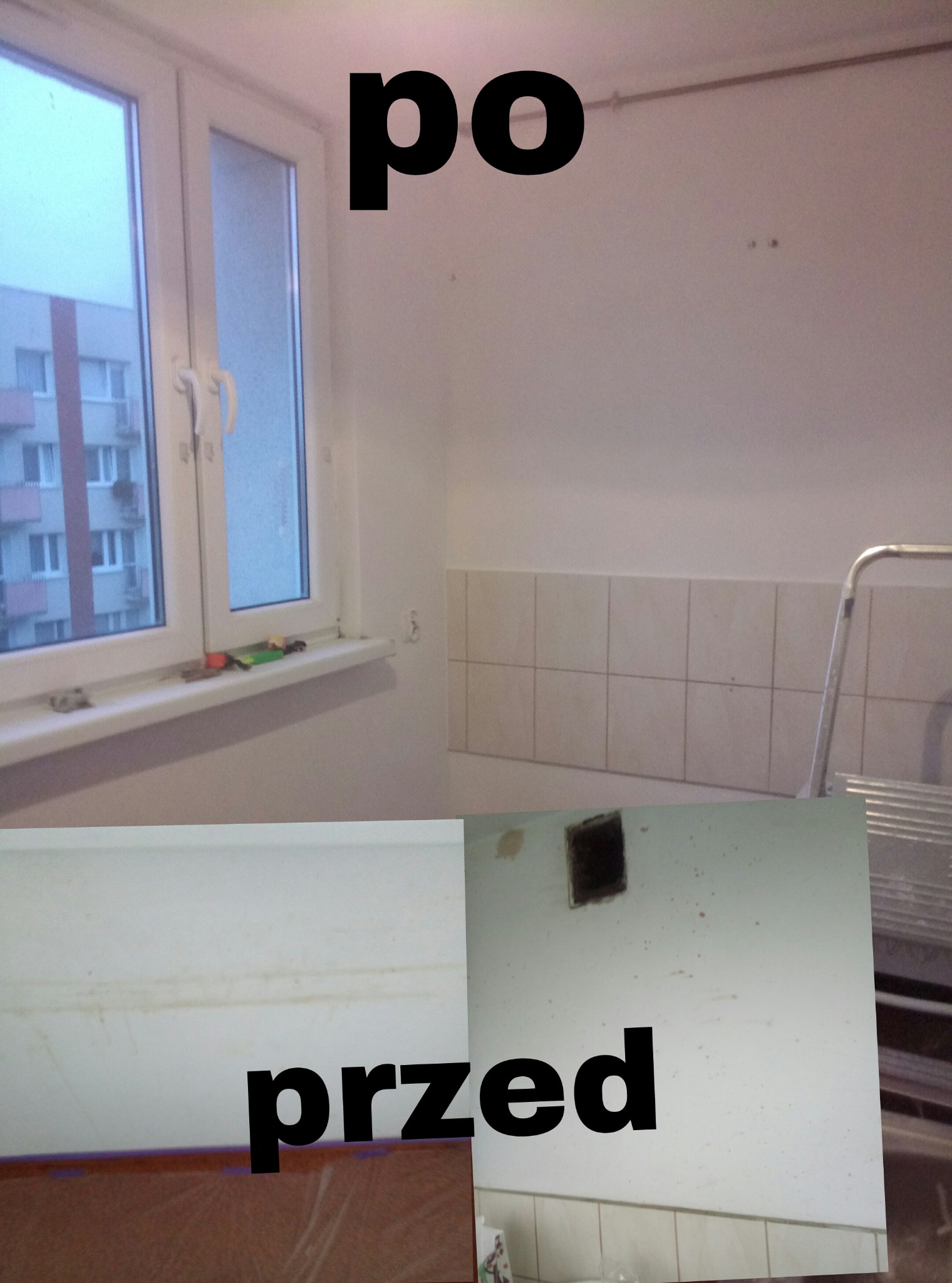 Porównanie stanu łazienki przed i po pracach: wyczyszczone ściany, nowe płytki, okno z narzędziami na parapecie, drabina oparta o ścianę.