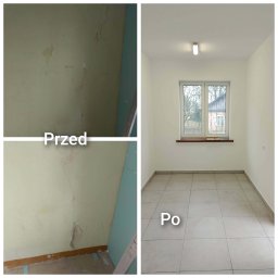 B&H INVEST SPÓŁKA Z OGRANICZONĄ ODPOWIEDZIALNOŚCIĄ - Remont pokoju: ściana z ubytkami i pęknięciami 'przed' i odnowione, pomalowane wnętrze z nową podłogą 'po'. Widok na okno.