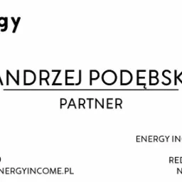 Wizytówka firmy Energy Income z Gdańska, partner Andrzej Podębski, dane kontaktowe: telefon, adres e-mail, adres siedziby i NIP.