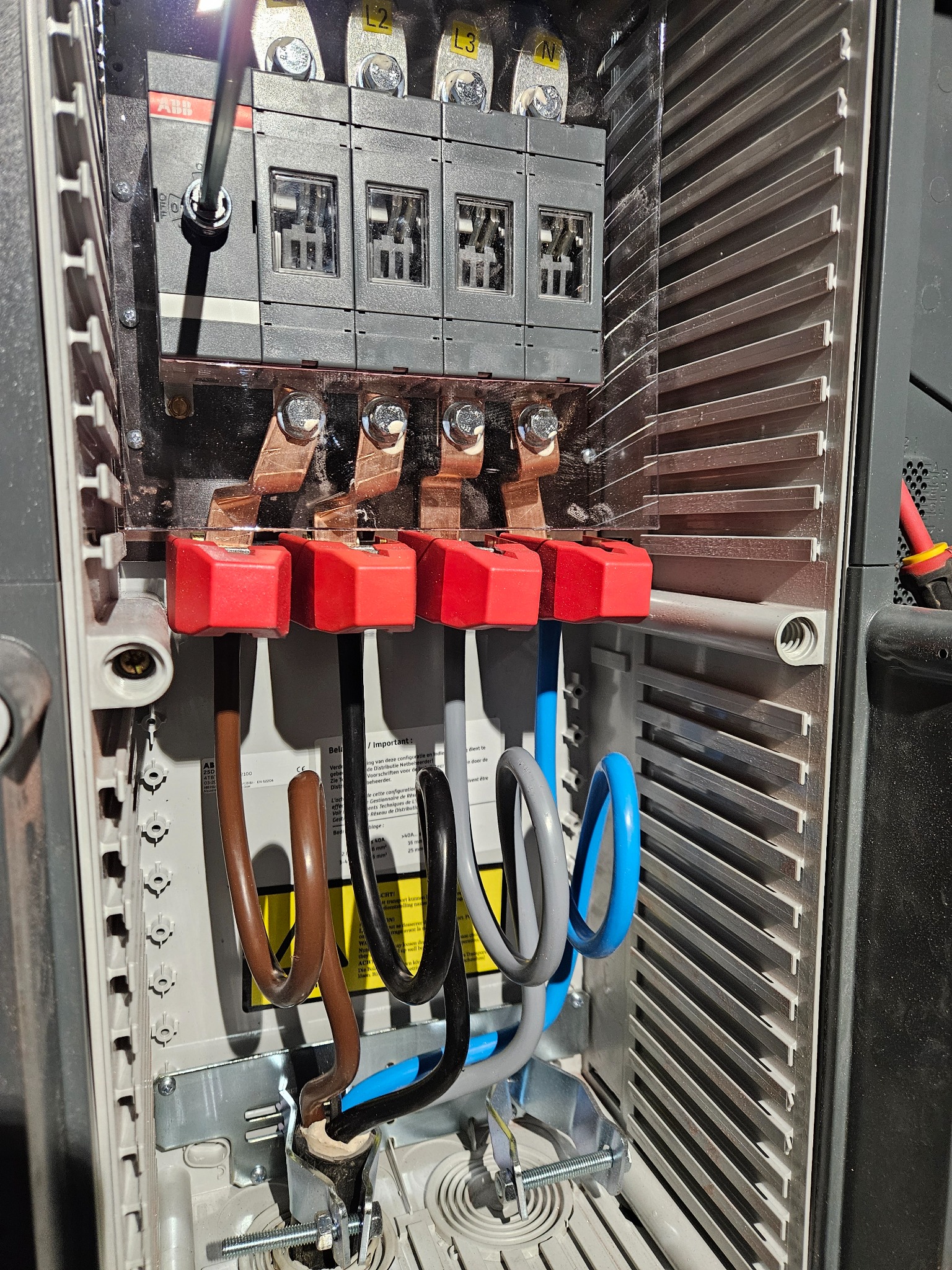 Wnętrze skrzynki elektrycznej z czterema bezpiecznikami ABB, widoczne przewody w kolorach brązowym, czarnym, szarym i niebieskim, zabezpieczone czerwonymi osłonami, skręcane śrubokrętem