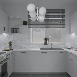 Nowoczesna, biała kuchnia z marmurowym blatem i backsplashiem, oświetleniem LED pod szafkami, designerską lampą kulistą i akcesoriami kuchennymi.