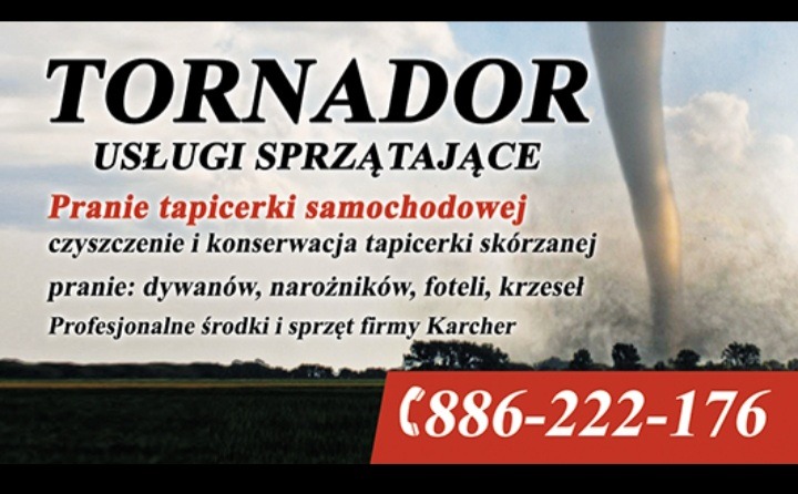 Reklama firmy Tornador oferującej usługi prania tapicerki samochodowej, czyszczenia i konserwacji tapicerki skórzanej, prania dywanów, narożników, foteli i krzeseł. W tle burzowe niebo z tornadem.