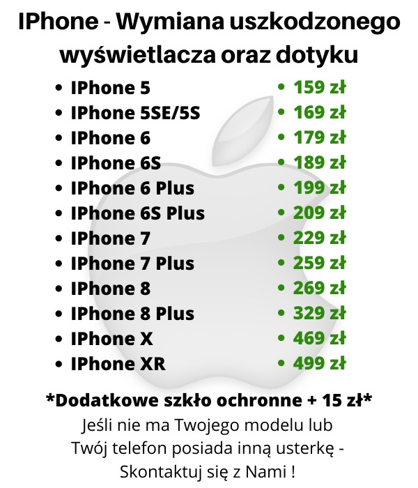 Cennik wymiany uszkodzonych wyświetlaczy i dotyku w telefonach iPhone różnych modeli, z logo Apple w tle.