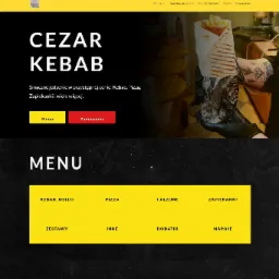 Strona internetowa restauracji Cezar Kebab, z menu, zdjęciem kebaba w folii aluminiowej trzymanego przez osobę w czarnych rękawiczkach i tatuażem na ręce, oraz przyciskami 'Menu' i 'Zamawiam'.