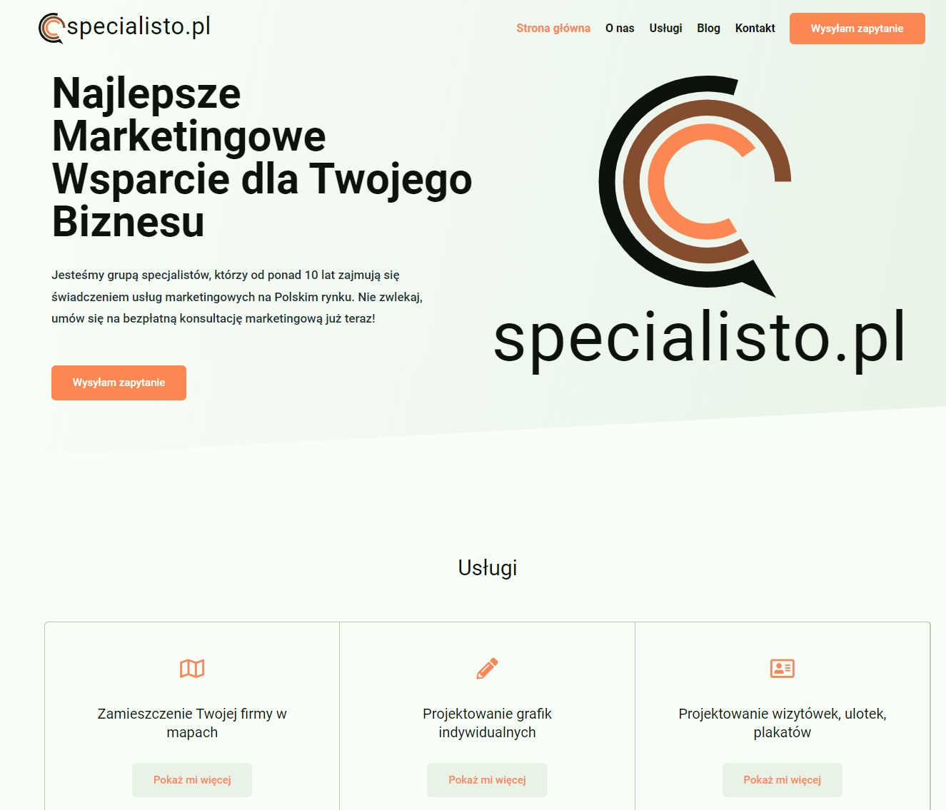 Strona internetowa firmy specjalisto.pl z nagłówkiem 'Najlepsze Marketingowe Wsparcie dla Twojego Biznesu', logo w kształcie litery C i sekcją 'Usługi' z miniaturami kategorii.