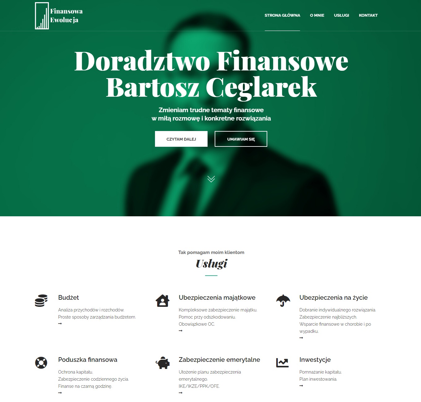 Strona internetowa firmy doradztwa finansowego z logo 'Finansowa Ewolucja', prezentująca usługi takie jak budżet, ubezpieczenia majątkowe i na życie, poduszka finansowa, zabezpieczenie emerytalne...