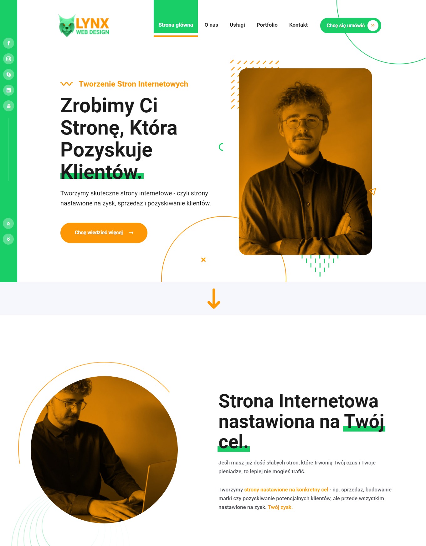 Projekt strony internetowej firmy Lynx Web Design z wizerunkiem programisty i hasłem 'Zrobimy Ci Stronę, Która Pozyskuje Klientów'.