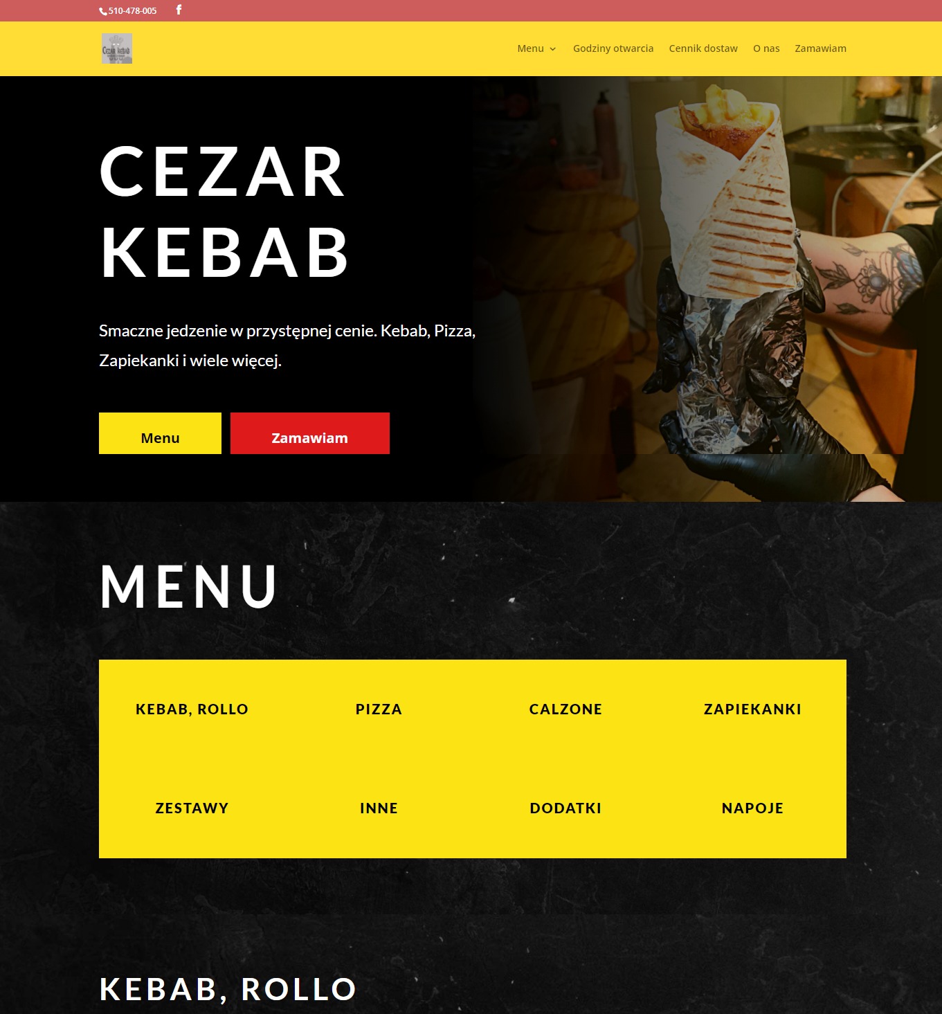 Strona internetowa restauracji Cezar Kebab, z menu, zdjęciem kebaba w folii aluminiowej trzymanego przez osobę w czarnych rękawiczkach i tatuażem na ręce, oraz przyciskami 'Menu' i 'Zamawiam'.