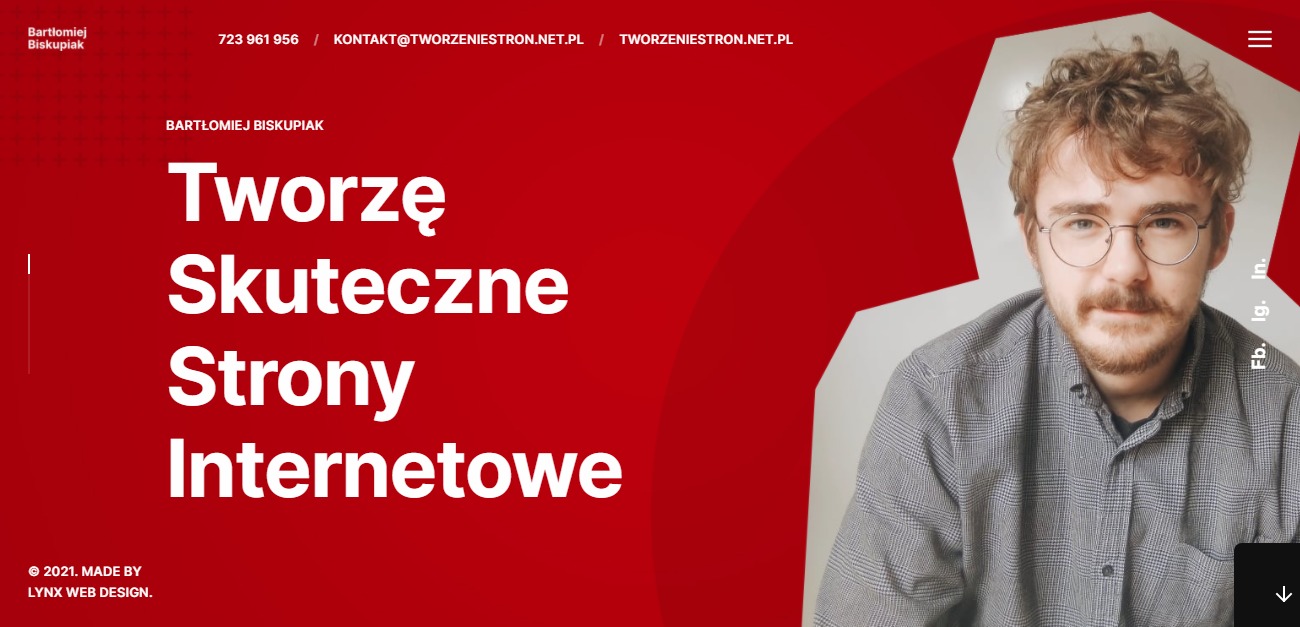 Projekt strony internetowej z portretem twórcy w okularach na czerwono-białym tle. Widoczny nagłówek z danymi kontaktowymi i hasło reklamowe: Tworzę Skuteczne Strony Internetowe.
