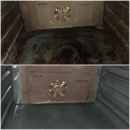 Wnętrze piekarnika przed i po czyszczeniu, widoczne osady tłuszczu i przypalenia usunięte z powierzchni.