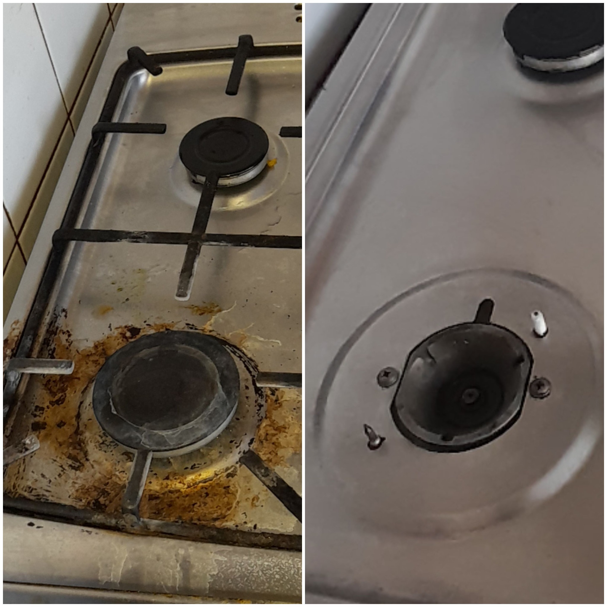 Zdjęcie typu 'przed i po' przedstawiające zabrudzoną płytę gazową kuchenki (po lewej) i czystą płytę (po prawej) po umyciu, widoczne ślady zaschniętego tłuszczu i przypaleń.