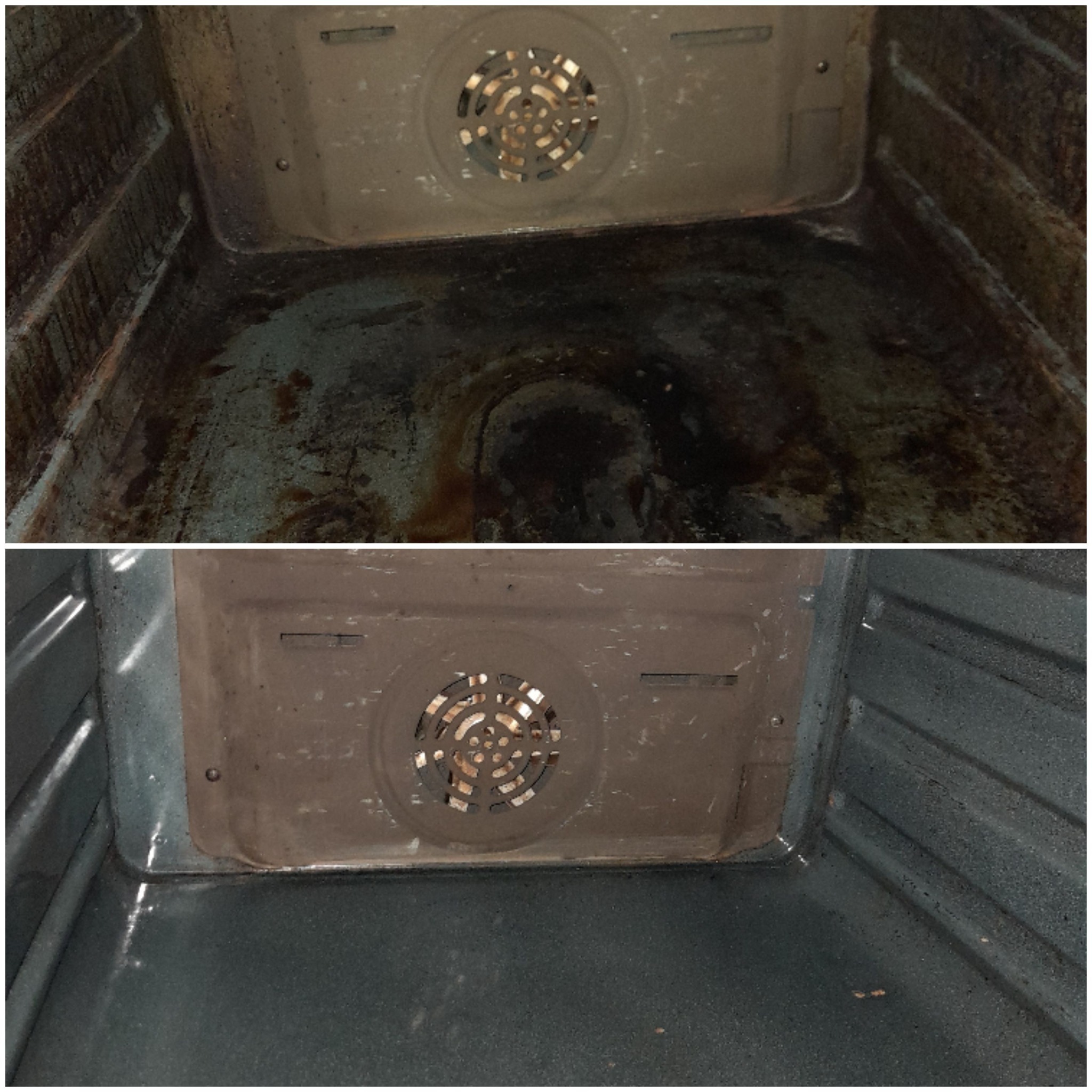 Wnętrze piekarnika przed i po czyszczeniu, widoczne osady tłuszczu i przypalenia usunięte z powierzchni.