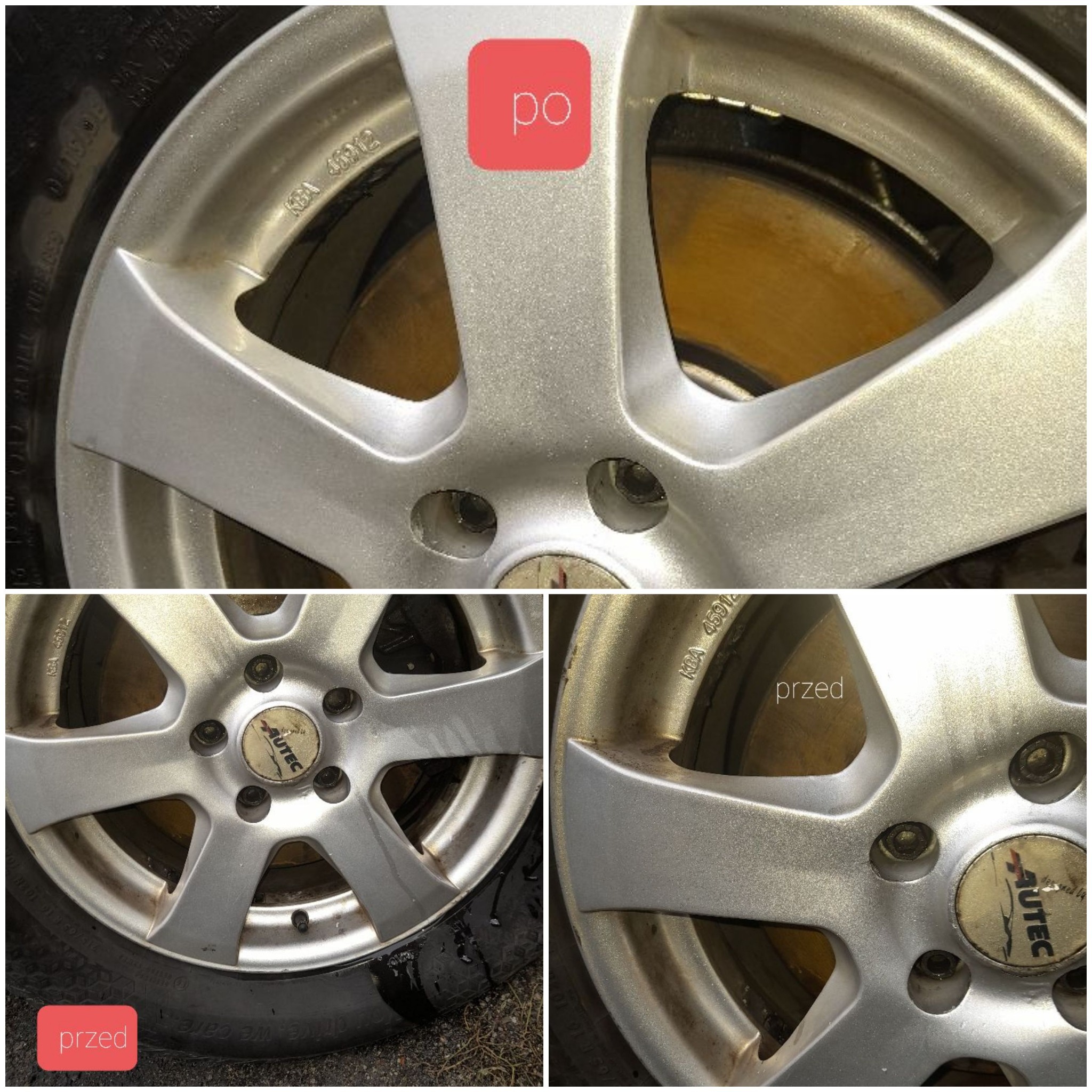 Aluminiowa felga samochodowa przed i po czyszczeniu, widoczne różnice w połysku i usunięciu zabrudzeń, z naklejką 'Autec' na środku.