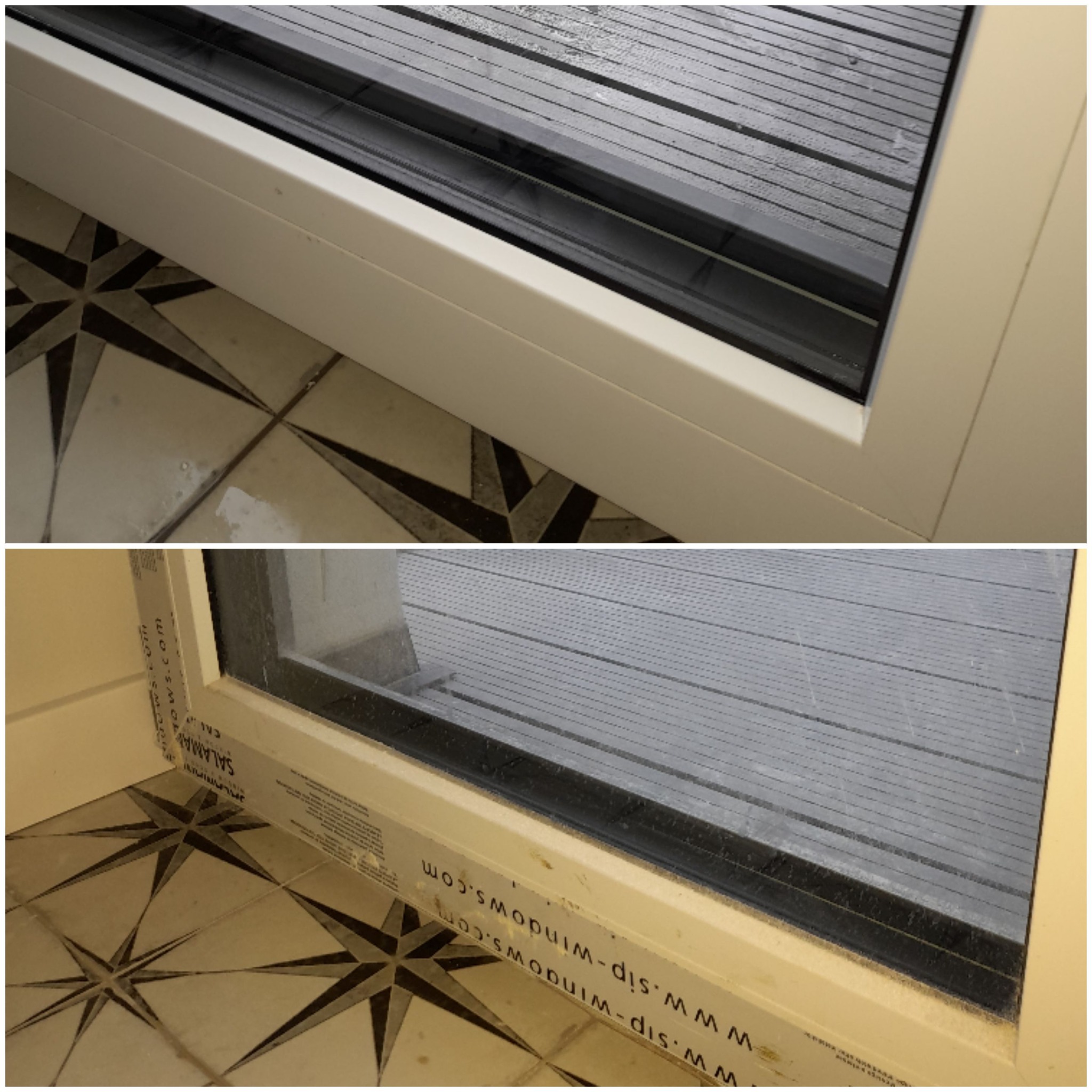 Dwa ujęcia okna przed i po czyszczeniu, widoczne zabrudzenia na ramie i szybie, wzorzysta podłoga.