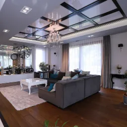 Elegancki salon z ciemną drewnianą podłogą, szarym narożnikiem z turkusowymi poduszkami, białym stolikiem kawowym i lustrzanym sufitem z czarnymi ramami. W tle okno z zasłonami i dekoracje...