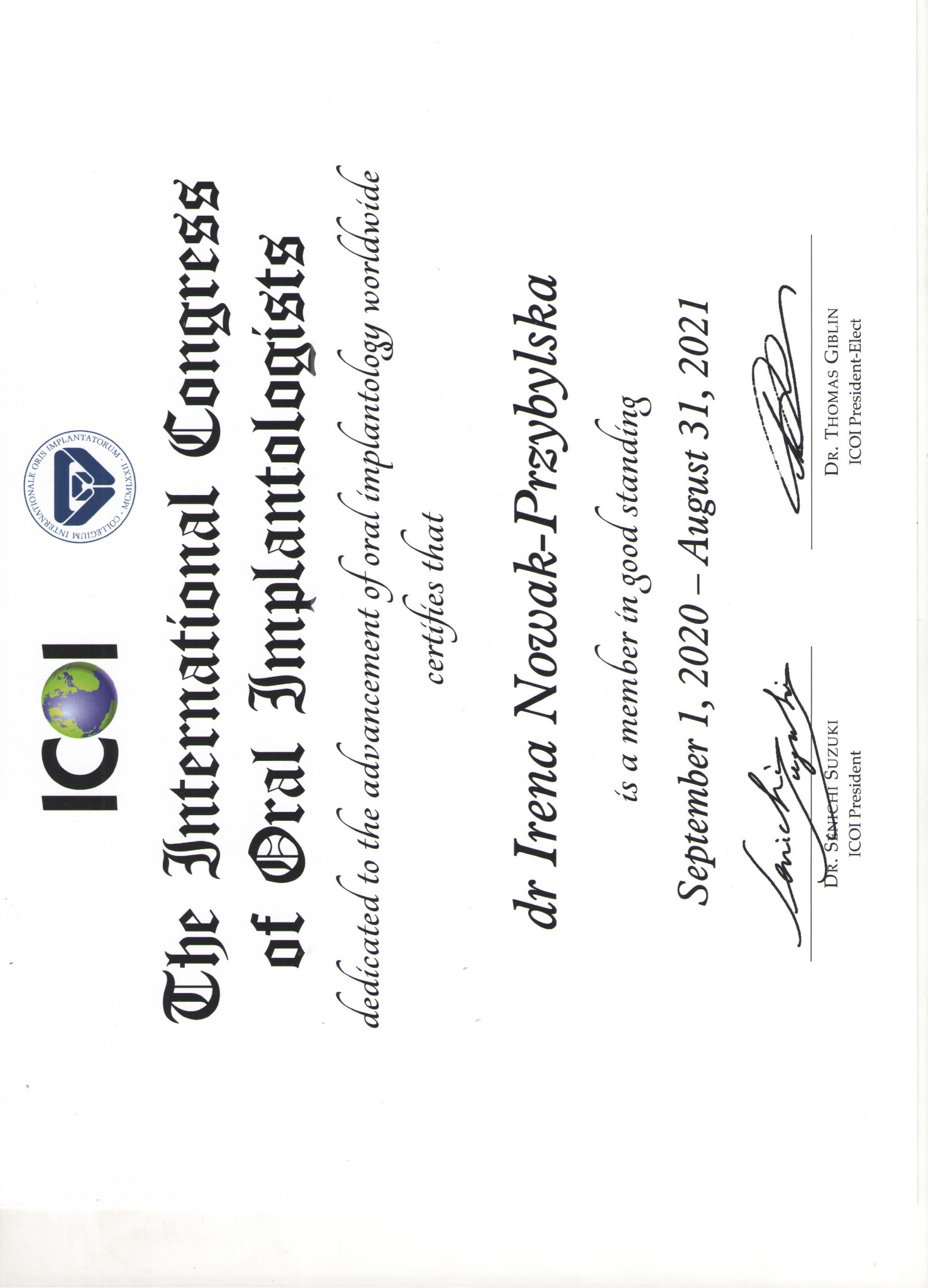Certyfikat członkostwa dr Ireny Nowak-Przybylskiej w The International Congress of Oral Implantologists na lata 2020-2021, z logo ICOI i podpisami prezesów.