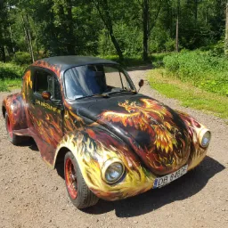 Modyfikowany Volkswagen Beetle z motywem płomieni i feniksa na karoserii, stojący na leśnej drodze.