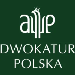 Logo Adwokatury Polskiej na ciemnozielonym tle, stylizowany orzeł w koronie nad napisem.