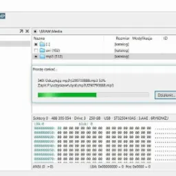 Odzyskiwanie pliku MP3 z uszkodzonego dysku za pomocą specjalistycznego oprogramowania DMDE. Widok okna programu z drzewem katalogów, listą plików i procesem odzyskiwania danych w toku.