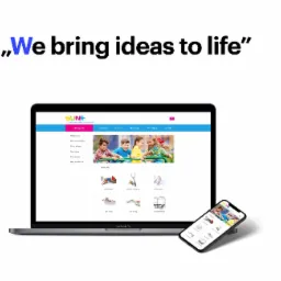 Laptop i smartfon wyświetlające stronę internetową firmy z placami zabaw, siłowniami zewnętrznymi i małą architekturą, hasło firmy: We bring ideas to life.