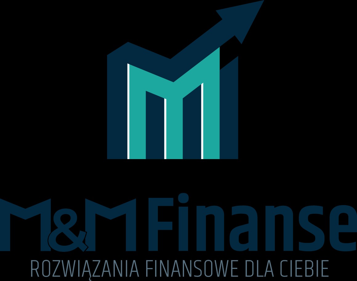Logo firmy M&M Finanse z niebiesko-zielonym symbolem wzrostu i napisem 'Rozwiązania finansowe dla Ciebie'.
