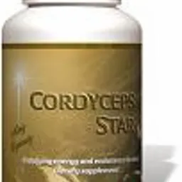 Butelka suplementu diety Cordyceps Star z złotym tłem i białym korkiem.