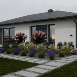 Nowoczesny ogród z kwitnącymi hortensjami 'Limelight', trawami ozdobnymi i lawendą w geometrycznych rabatach, ścieżka z płyt betonowych na żwirze prowadzi do domu z dużymi oknami.