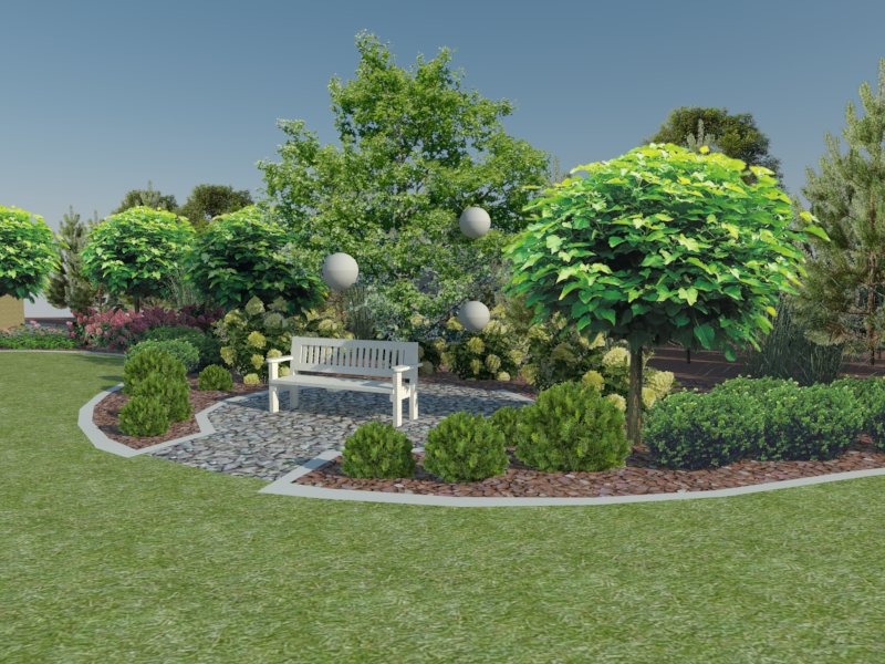 Wizualizacja ogrodu z okrągłym trawnikiem, ścieżką z kamieni, białą ławką, kulistymi drzewami i krzewami oraz trzema białymi kulami dekoracyjnymi zawieszonymi na drzewie.