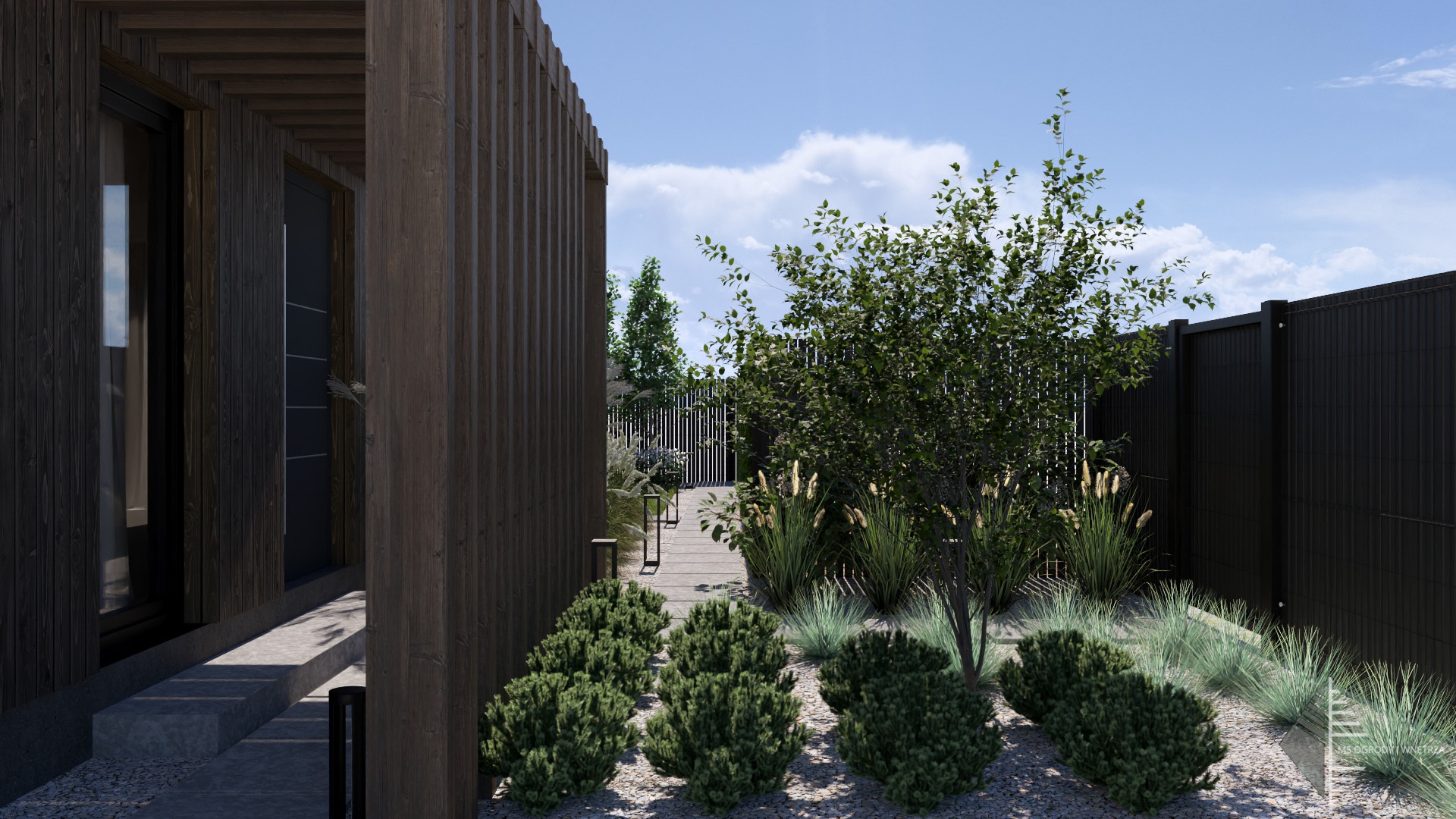 Nowoczesny ogród z drewnianą elewacją budynku, kamienną ścieżką, ozdobnymi trawami i niskimi krzewami na tle błękitnego nieba.