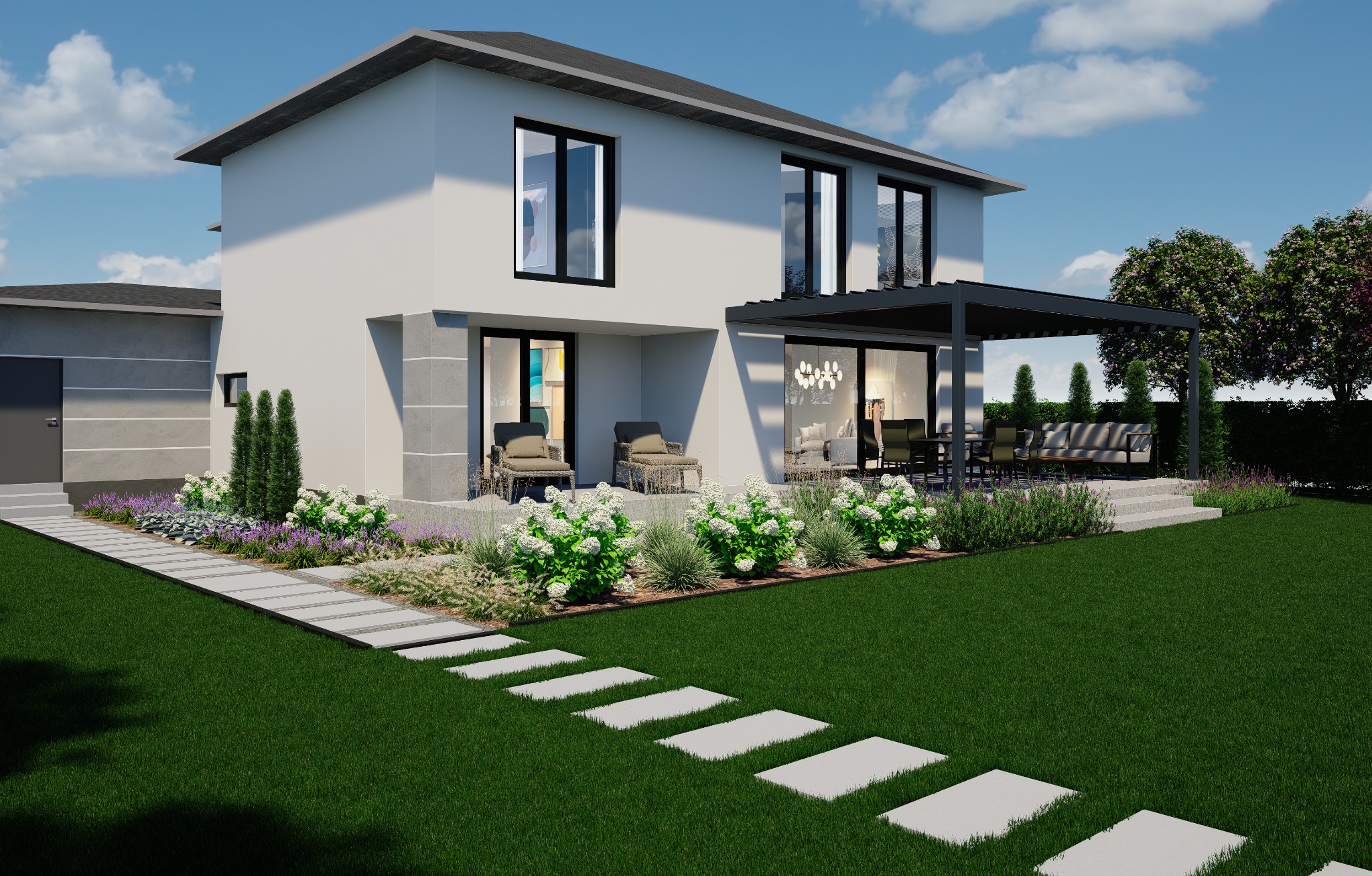 Wizualizacja nowoczesnego domu z ogrodem, ścieżka z płyt prowadząca przez trawnik, rabaty z białymi i fioletowymi kwiatami, pergola z meblami ogrodowymi.