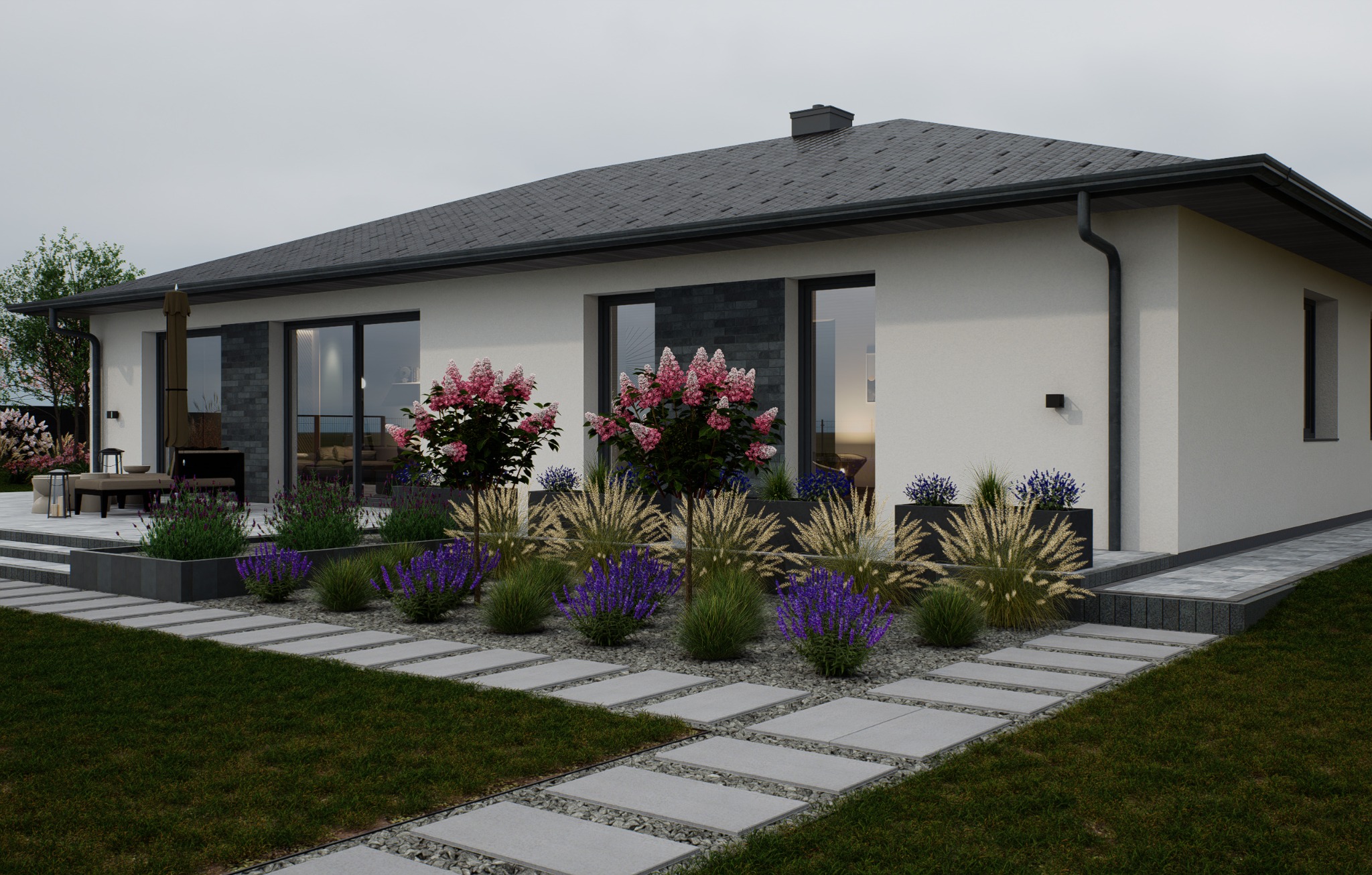 Nowoczesny ogród z kwitnącymi hortensjami 'Limelight', trawami ozdobnymi i lawendą w geometrycznych rabatach, ścieżka z płyt betonowych na żwirze prowadzi do domu z dużymi oknami.