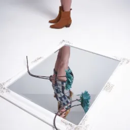 Odbicie kobiety w kraciastej koszuli i brązowych botkach w lustrze z ozdobną białą ramą, dekorowane turkusowymi kwiatami na białym tle.