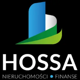 Logo firmy Hossa Nieruchomości i Finanse z abstrakcyjnym symbolem budynku w kolorach niebieskim, białym i zielonym na czarnym tle.