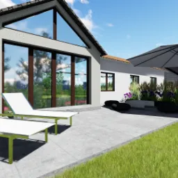 Wizualizacja 3D nowoczesnego domu z tarasem, leżakami i parasolem ogrodowym, z zielonym trawnikiem i roślinnością w tle.