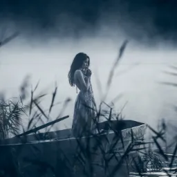 Kobieta w długiej sukience stoi w łodzi na jeziorze we mgle, otoczona trzcinami, z rękami złożonymi w modlitewnym geście.