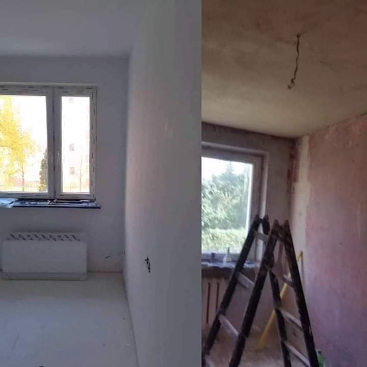Porównanie stanu pokoju przed i po odświeżeniu w Piasecznie: po lewej świeżo pomalowane na biało ściany i okno, po prawej drabina i ściany w trakcie przygotowania do malowania.