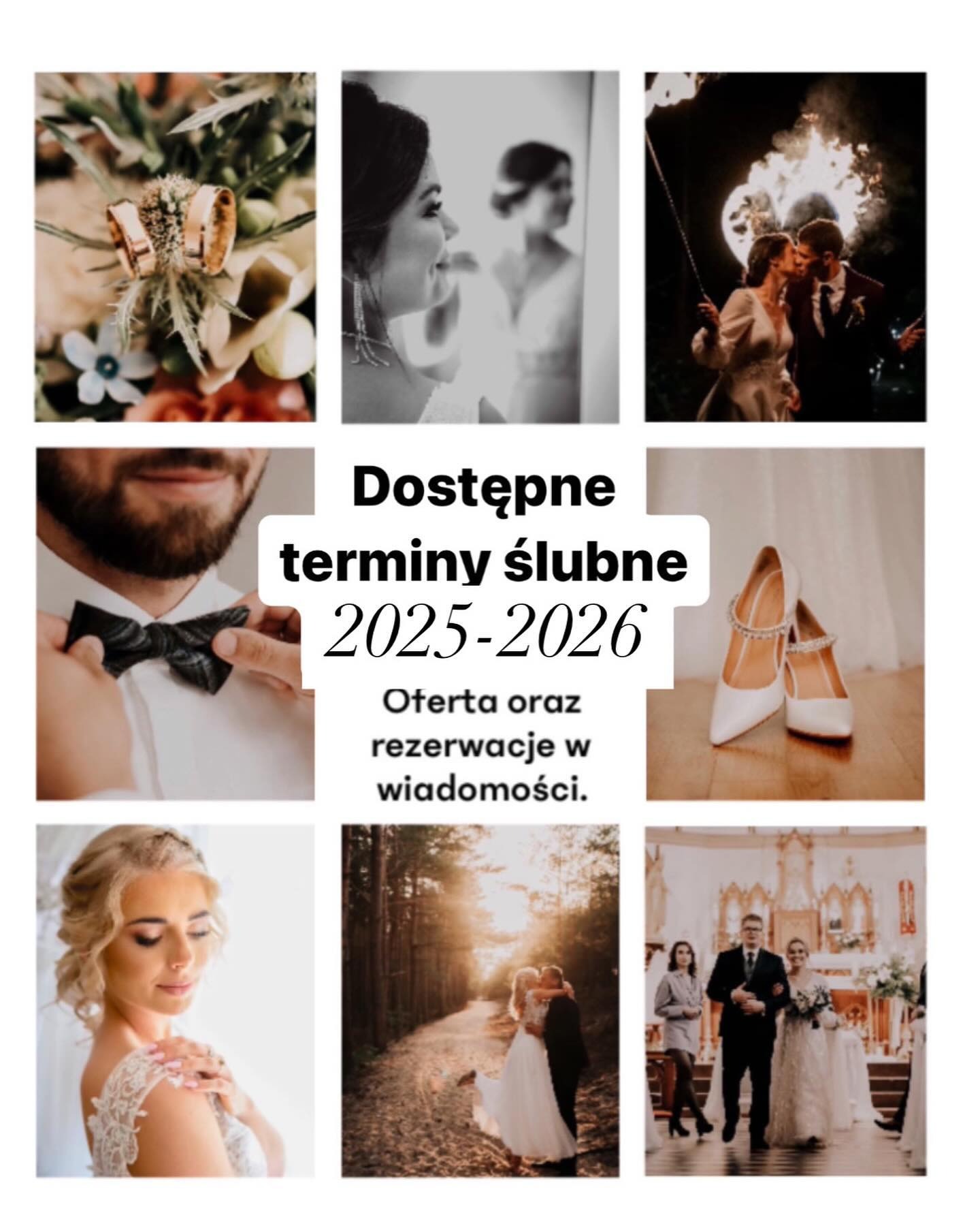 Kolaż z fotografii ślubnych: obrączki na kwiatach, para całująca się przy płonącym sercu, panna młoda w sukni, mężczyzna poprawiający muchę, buty ślubne, para w lesie o zachodzie słońca, panna...