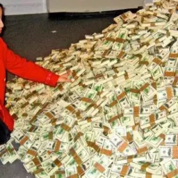 Kobieta w czerwonym płaszczu kuca obok ogromnego stosu spiętych banknotów dolarowych.