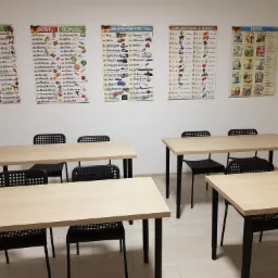 Klasa językowa z czterema drewnianymi stołami i czarnymi krzesłami, na ścianach wiszą plakaty edukacyjne z niemieckimi słówkami i mapą Niemiec.