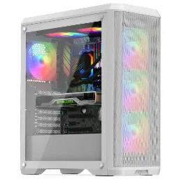 Biała obudowa komputera stacjonarnego z przezroczystym panelem bocznym, ukazująca podświetlone na tęczowo wentylatory, kartę graficzną GeForce RTX i inne podzespoły.