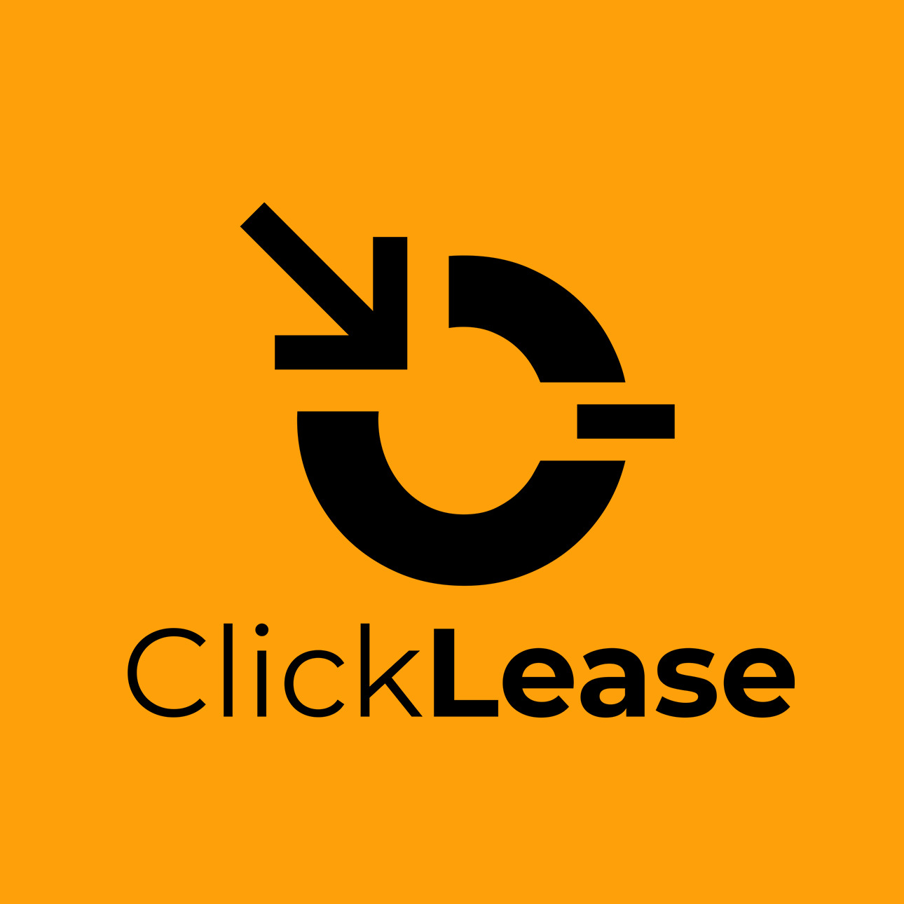 Logo firmy ClickLease na pomarańczowym tle, z abstrakcyjnym symbolem strzałki i półokręgu oraz napisem ClickLease.
