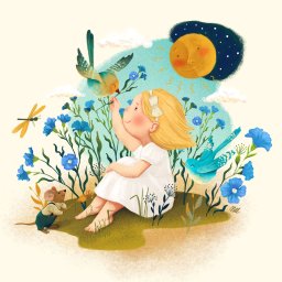 Monika Urbaniak Studio - Ilustracja przedstawia dziewczynkę w białej sukience siedzącą na trawie, otoczoną niebieskimi kwiatami i ptakami, z uśmiechniętym księżycem w tle i myszą w ubraniu w lewym dolnym rogu.