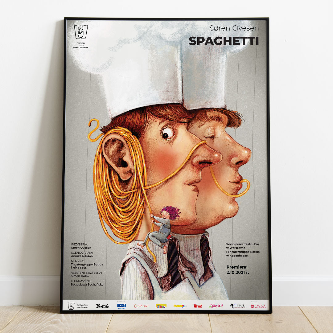 Plakat teatralny przedstawiający dwóch mężczyzn w czapkach kucharskich, z uszu jednego wychodzą spaghetti, a mała postać wspina się po jednym z nich, tytuł spektaklu to 'Spaghetti'.