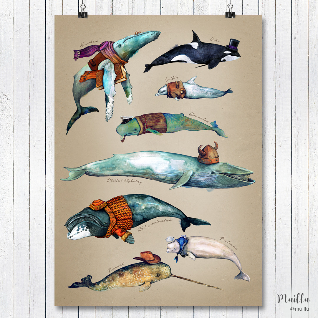 Akwarelowa ilustracja przedstawiająca różne gatunki waleni, każdy ubrany w charakterystyczny strój, przypominający ludzkie ubrania i akcesoria, umieszczona na plakacie z fakturą papieru...