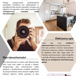 Seweryn Grzywacz - Dream Home Estate Nieruchomości - Kompozycja graficzna z motywami nieruchomości: fotograf z aparatem, wnętrze nowoczesnej kuchni, plan architektoniczny z narzędziami kreślarskimi oraz tekst informacyjny o sprzedaży nieruchomości.