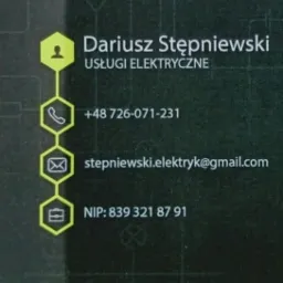 Wizytówka z danymi kontaktowymi elektryka, zawierająca imię i nazwisko, numer telefonu, adres e-mail oraz numer NIP, z minimalistyczną grafiką w odcieniach szarości i zieleni.