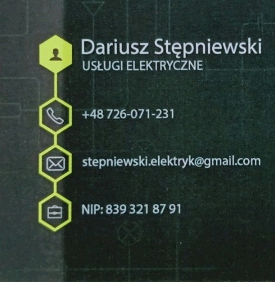 Wizytówka z danymi kontaktowymi elektryka, zawierająca imię i nazwisko, numer telefonu, adres e-mail oraz numer NIP, z minimalistyczną grafiką w odcieniach szarości i zieleni.