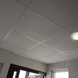 ZUBA Łukasz Drobiszewski - Kasetonowy sufit podwieszany z oświetleniem, widok z dołu, fragment okna i drzwi w tle.