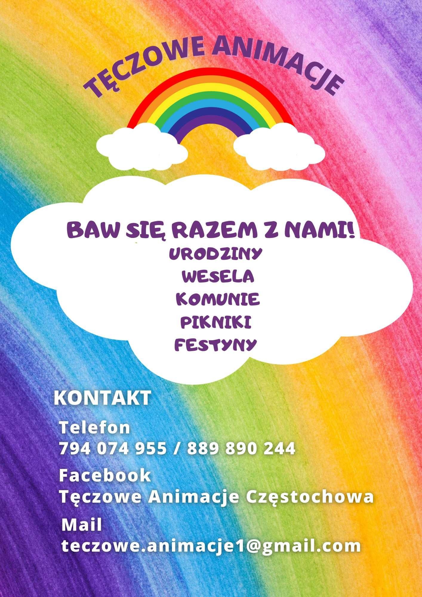 Kolorowa grafika reklamowa z tęczą i hasłem 'Baw się razem z nami!', promująca animacje na urodziny, wesela, komunie, pikniki i festyny, z danymi kontaktowymi firmy.
