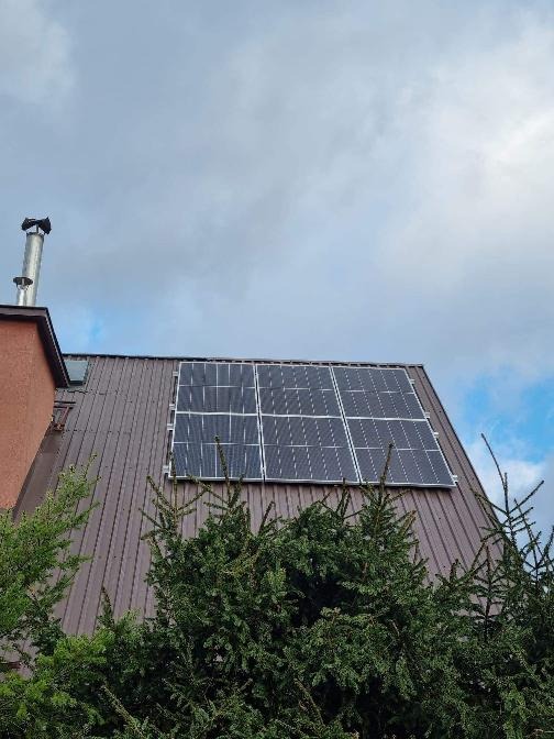 Panele słoneczne na brązowym, metalowym dachu budynku, częściowo zasłonięte przez gałęzie drzew iglastych, widoczne pod pochmurnym niebem.